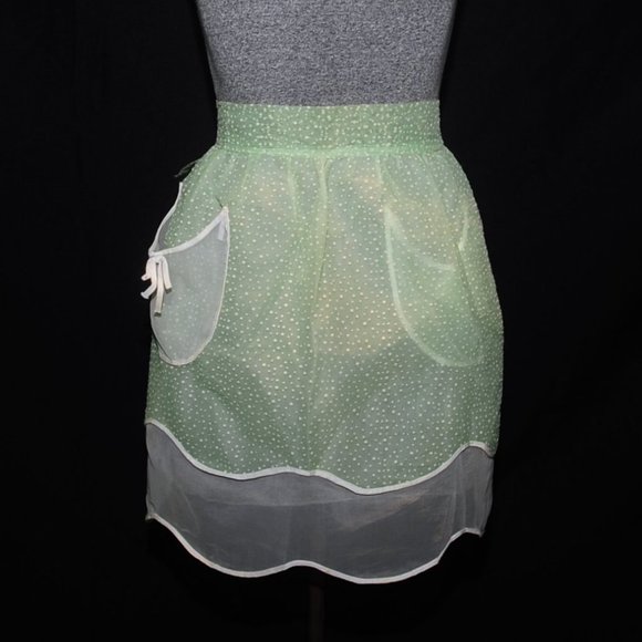 Vintage 50's REVERSIBLE Green Dotted Swiss & Ivory Organza Layered Hostess Apron - Picture 2 of 9